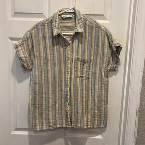 Sonoma Goods For Life Womens Medium Yellow Blue Striped Cotton Button Up Shirt